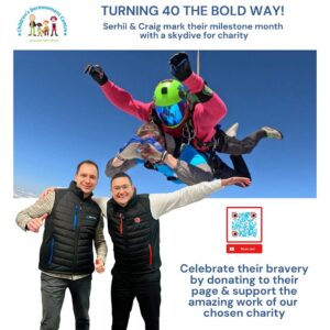 Serhii and Craig preparing for a charity skydive to raise funds for the Children’s Bereavement Centre as they both turn 40 in May.